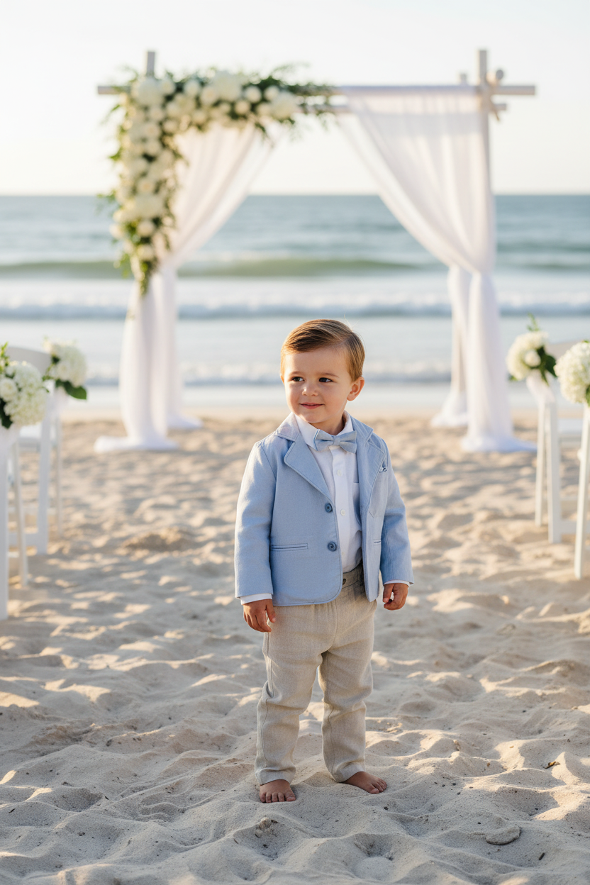 Boys Pale Blue chambray Jacket and beige Linen pants suit