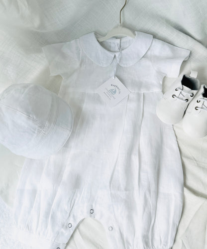Linen Baptism 3/4 length jumpsuit with optional cardigan and embroidery