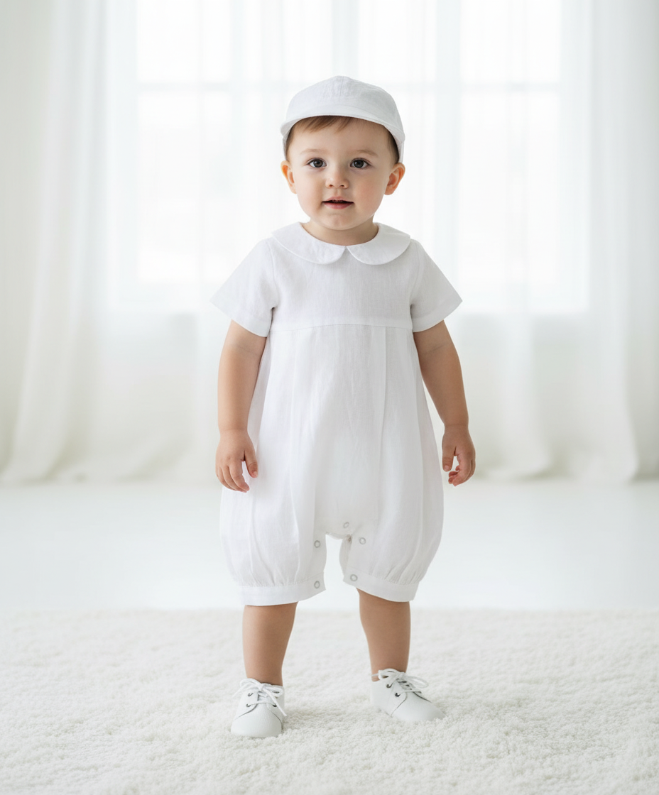 Linen Baptism romper dungaree jumpsuit with optional cardigan and embroidery