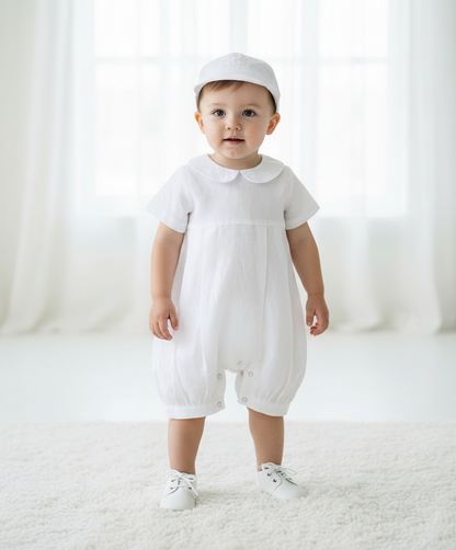 Linen Baptism 3/4 length jumpsuit with optional cardigan and embroidery