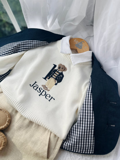 Polo Bear first birthday set with linen shirt, shorts and bear jumper