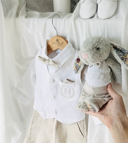 Boys white and beige linen set with vest, shirt, pants, suspenders and bowtie