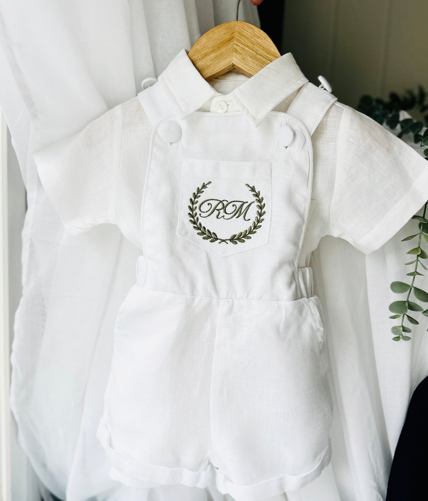 Boys white pure linen overalls suspender shorts with optional shirt and embroidery