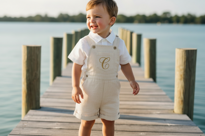 Boys beige pure linen overalls with optional shirt and embroidery