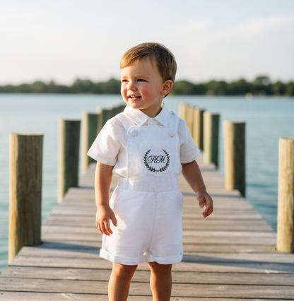 Boys white pure linen overalls suspender shorts with optional shirt and embroidery