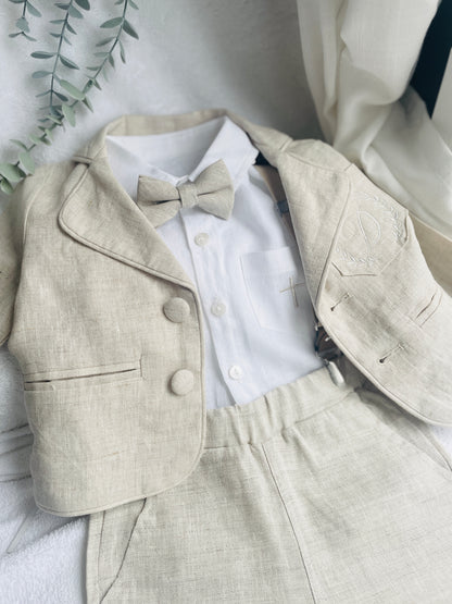 Beige linen pants and shirt set with bowtie and suspenders and optional personalisation