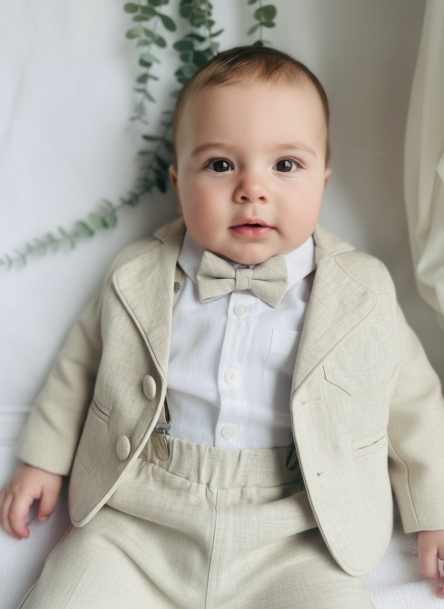 Beige Linen full length suit with pants, shirt, jacket and accessories
