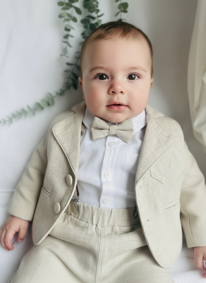 Beige Linen full length suit with pants, shirt, jacket and accessories