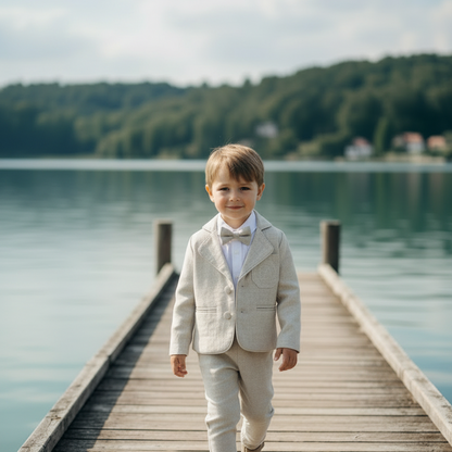 Beige Linen full length suit with pants, shirt, jacket and accessories