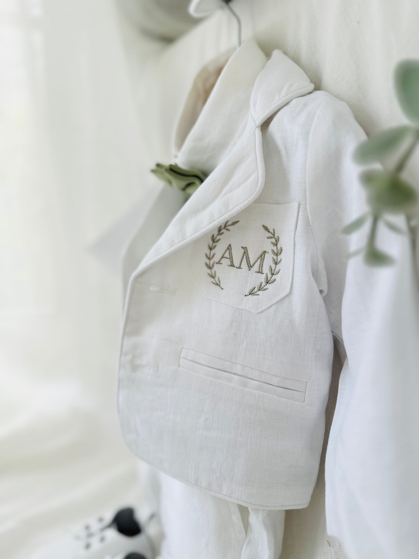 Boys white linen full 5 piece suit with vest, jacket, shirt, pants, suspenders and bow tie plus extras