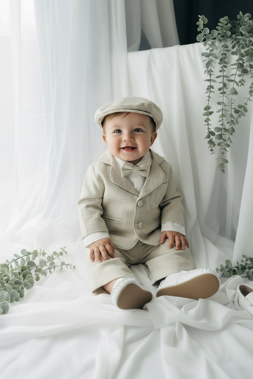 Beige Linen vest suit, shirt, pants, suspenders and bowtie plus optional jacket, cap and shoes