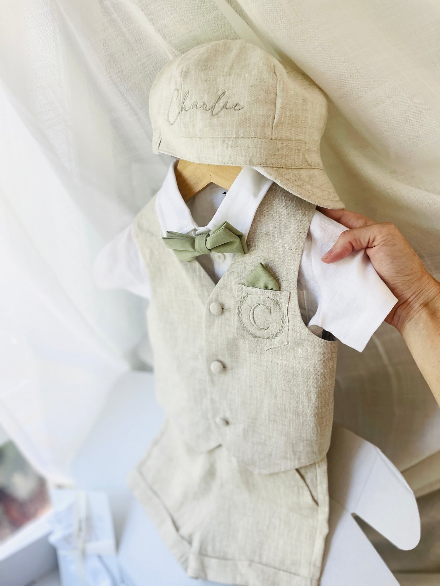 Baby and Toddler Boys white and beige linen summer set with vest, shirt, shorts, suspenders and bowtie