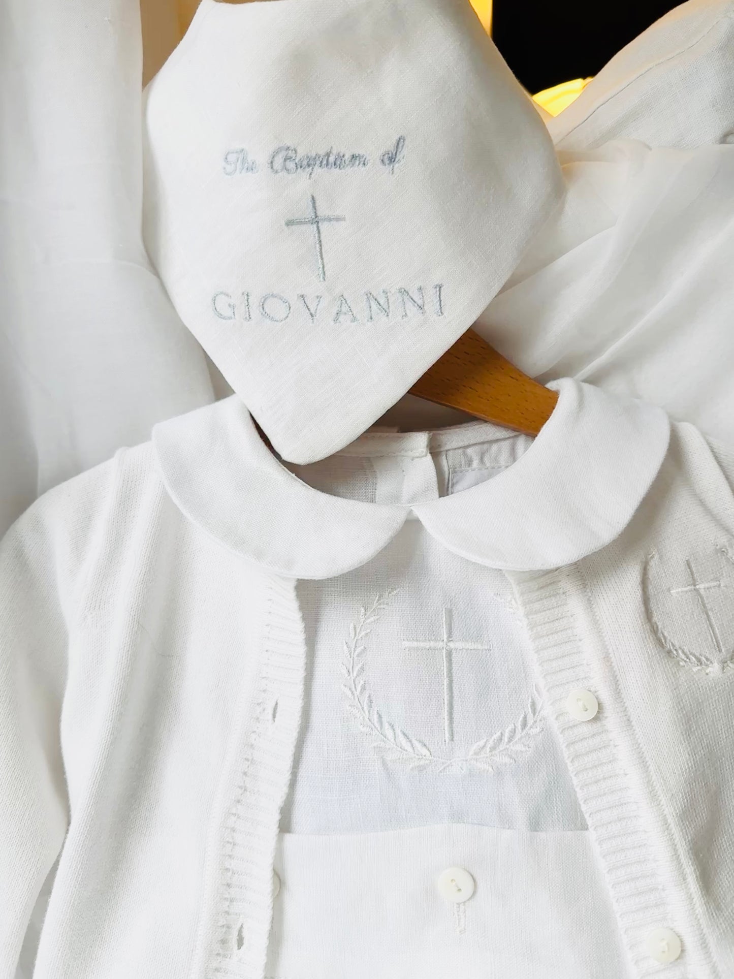 White linen Baptism Christening bib with optional embroidery