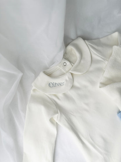 Baptism outfit with cotton onesie and cardigan or jumper and beige linen bloomers and white socks
