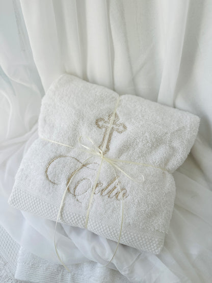 Personalised baptism christening hand towel with embroidery and optional bib