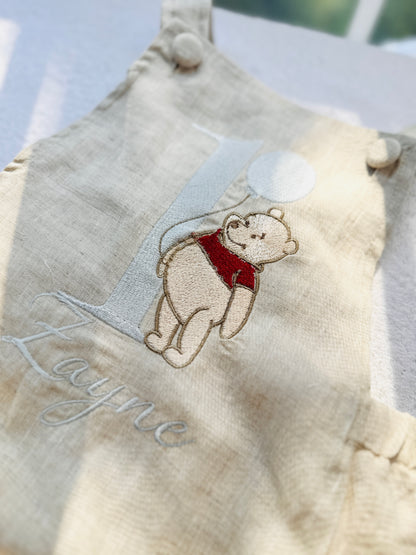 Boys beige pure linen overalls with optional shirt and embroidery