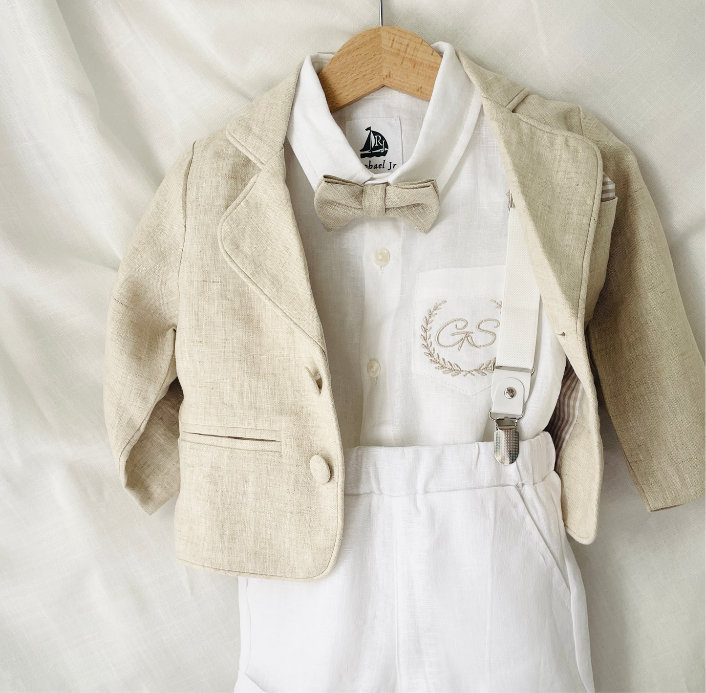 White and Beige Linen Set with optional Jacket Accessories and Embroidery Available