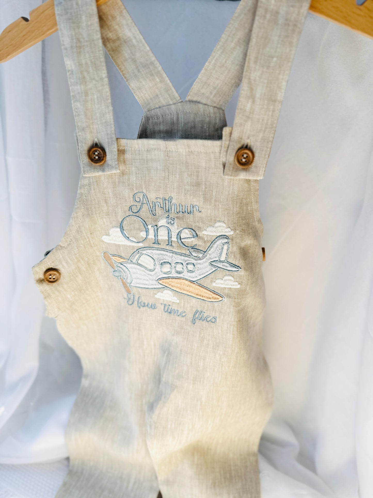 Boys Beige Linen Birthday overalls romper dungarees safari balloon fast car wild sea themes