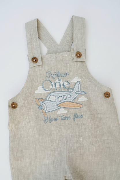 Boys Beige Linen Birthday overalls romper dungarees safari balloon fast car wild sea themes