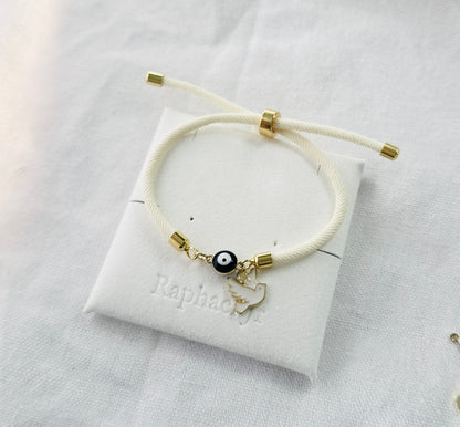 Evil eye bracelet white rope with gold clasps and optional charm