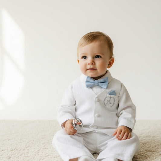 Boys white linen full length Baptism set with vest, shirt, pants, suspenders and bow tie