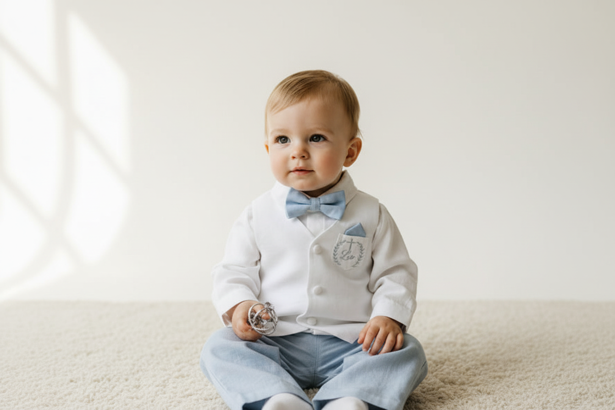 Boys pale blue and white set with vest, pants, linen shirt, bowtie and suspenders, plus optional jacket cap and shoes
