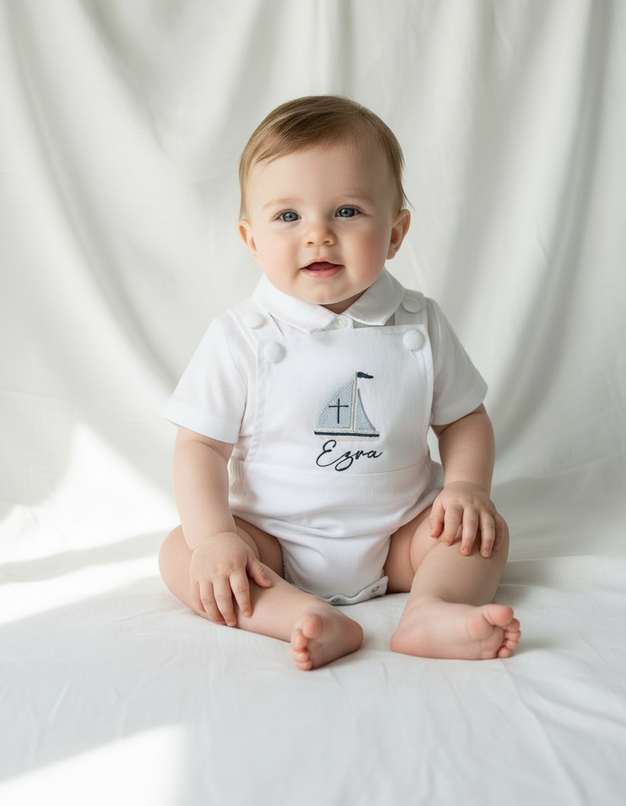 White linen Baptism romper overalls and linen shirt set