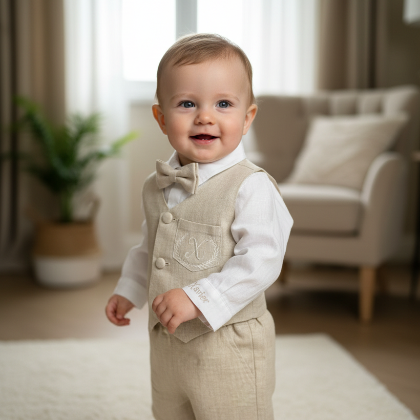 Beige Linen vest suit, shirt, pants, suspenders and bowtie plus optional jacket, cap and shoes