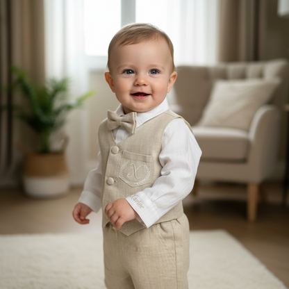Beige Linen vest suit, shirt, pants, suspenders and bowtie plus optional jacket, cap and shoes