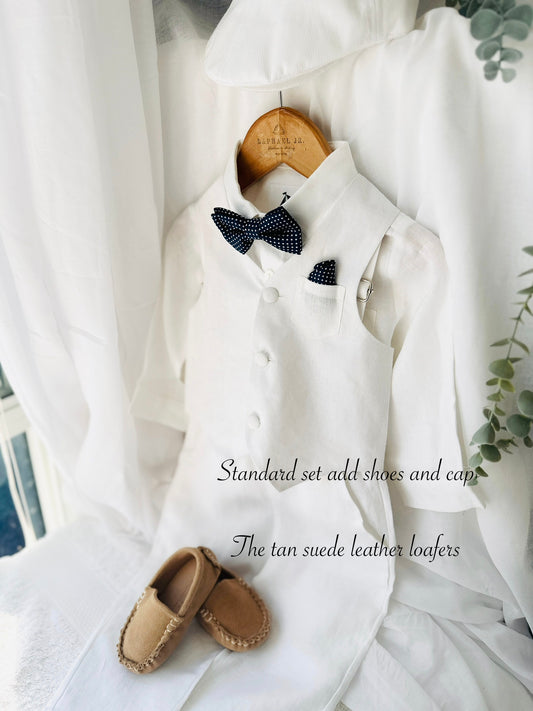Boys white vest with white linen suit and navy jacket set