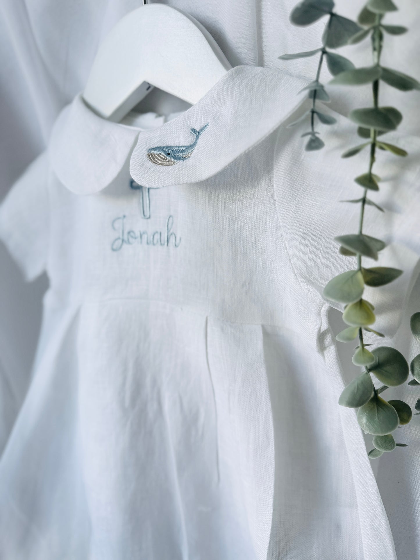 Linen Baptism 3/4 length jumpsuit romper with optional cardigan and embroidery