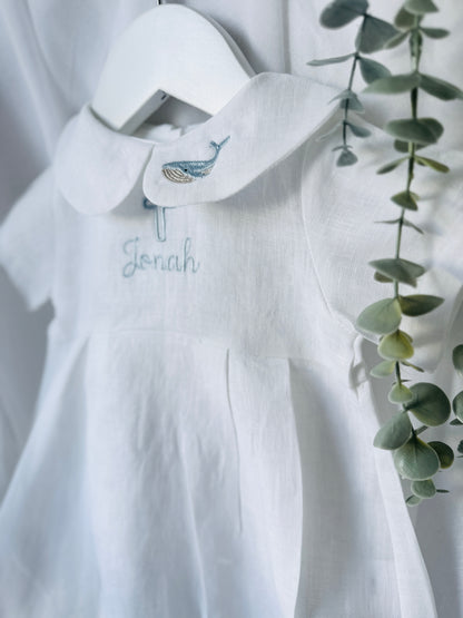 Linen Baptism 3/4 length jumpsuit romper with optional cardigan and embroidery