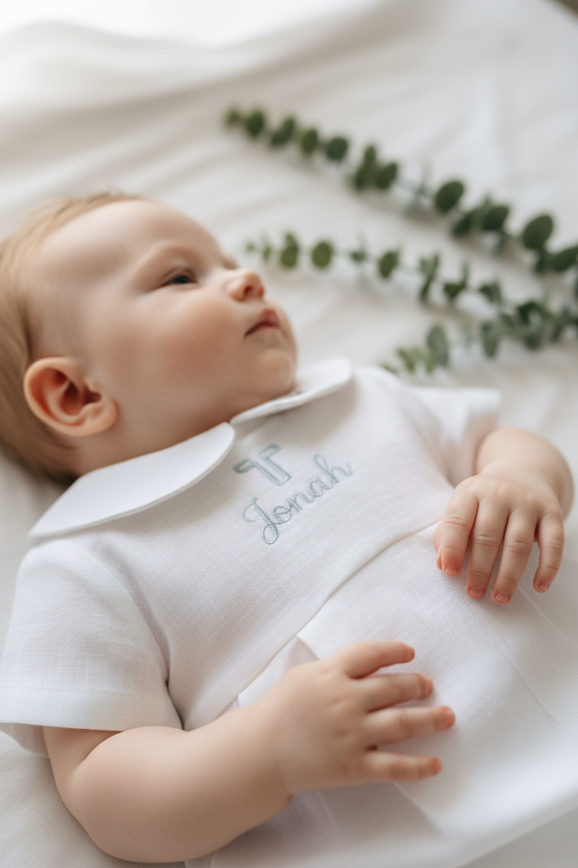 Linen Baptism 3/4 length jumpsuit romper with optional cardigan and embroidery