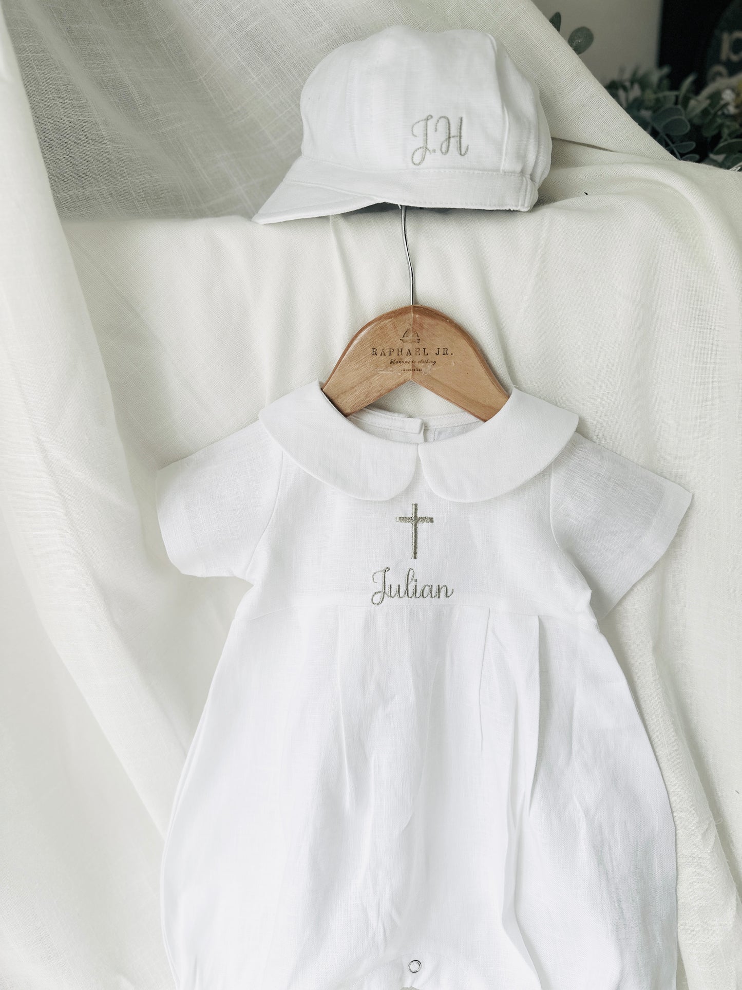 Linen Baptism 3/4 length jumpsuit with optional cardigan and embroidery