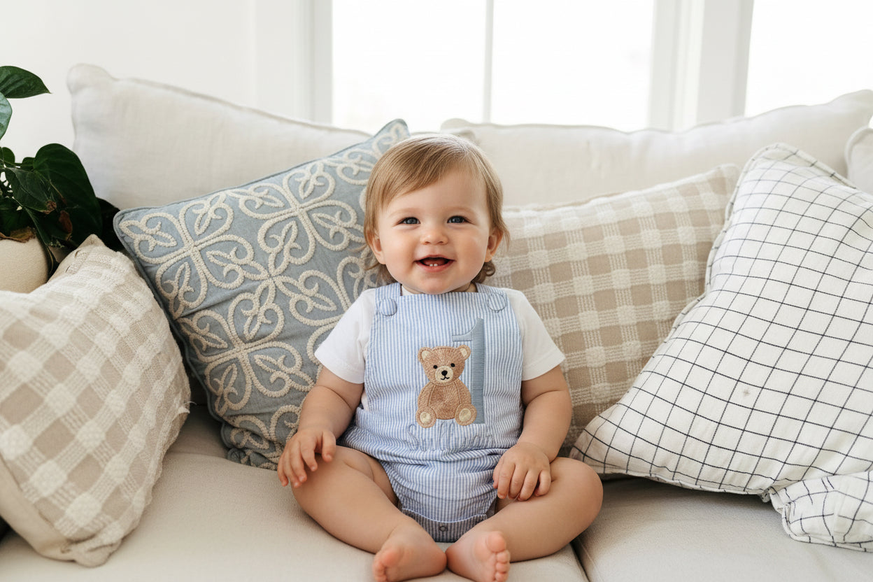 Boys Blue Seersucker teddy bear First Birthday romper