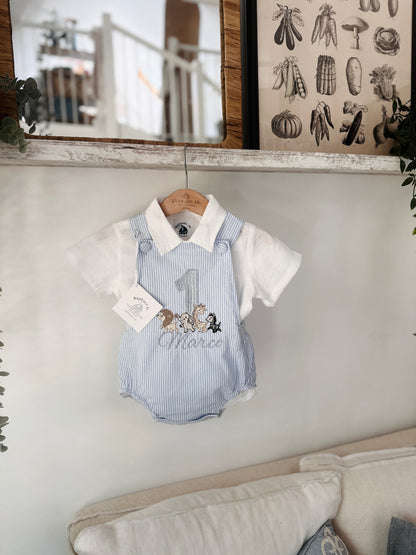 Baby and Toddler boys blue and white linen baptism and birthday romper and shirt set
