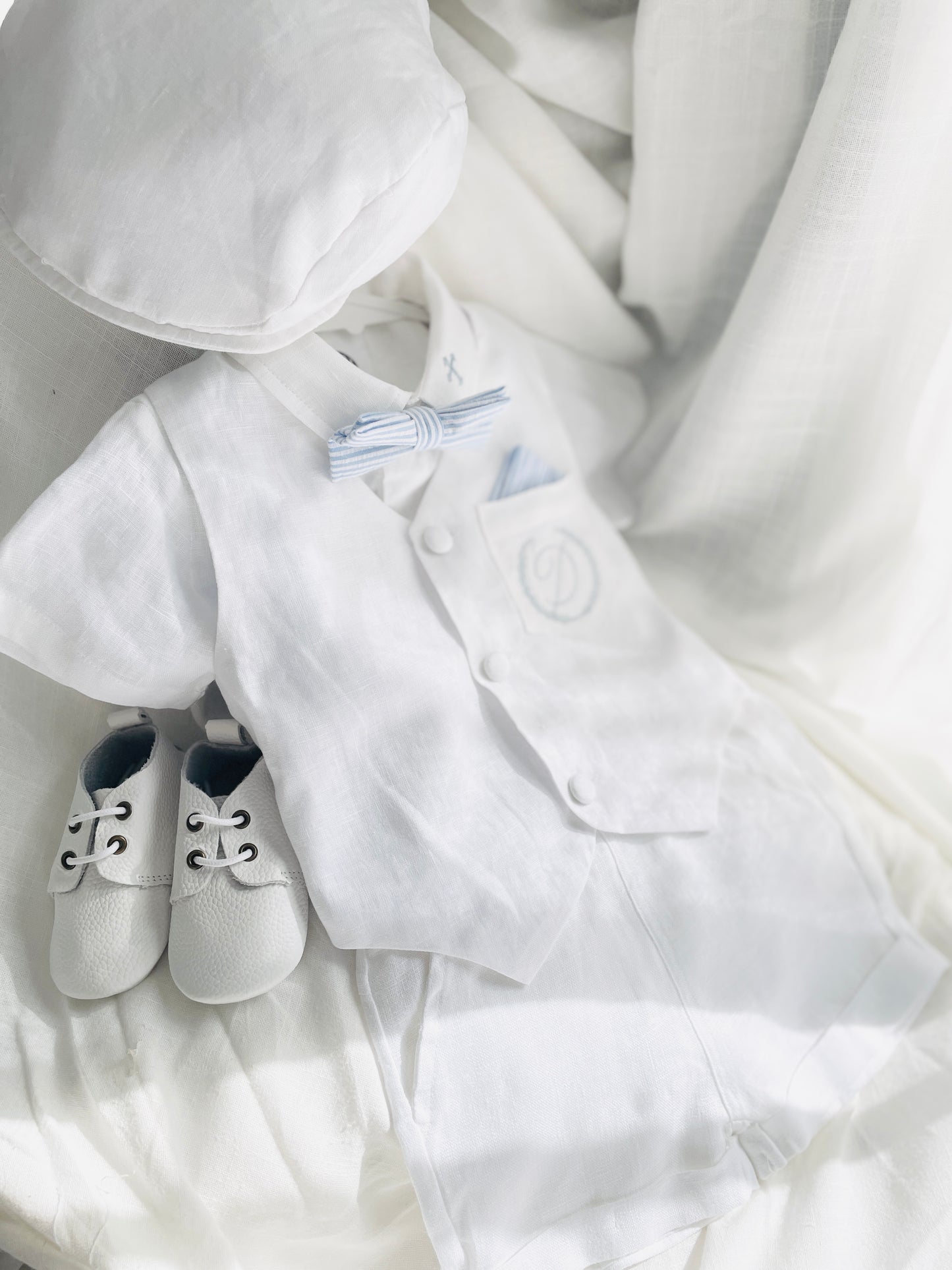 Baby and Toddler Boys white linen summer set with vest, shirt, shorts, suspenders and bowtie