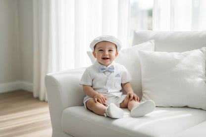 White linen Baptism vest set with shirt, suspender shorts, bowtie and optional embroidery cap and shoes