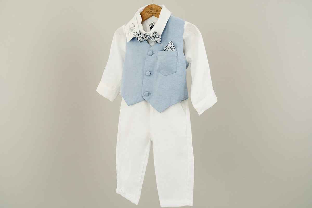 White linen suit with pale blue vest