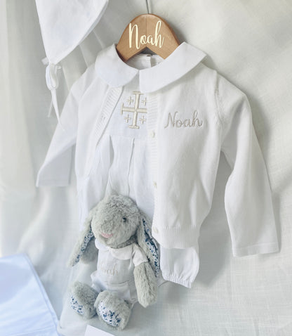 White cotton Baptism christening cardigan sweater with optional embroidery