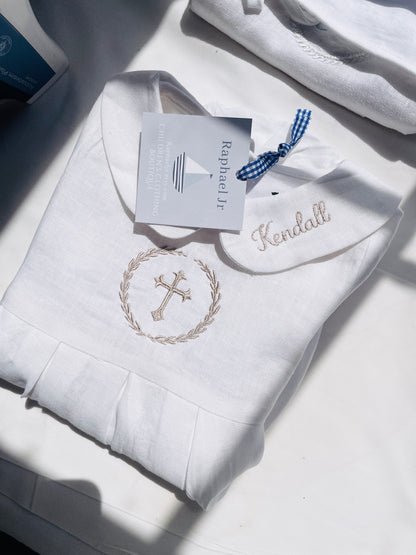 Linen Baptism peter pan collar bubble romper with optional embroidery customisation