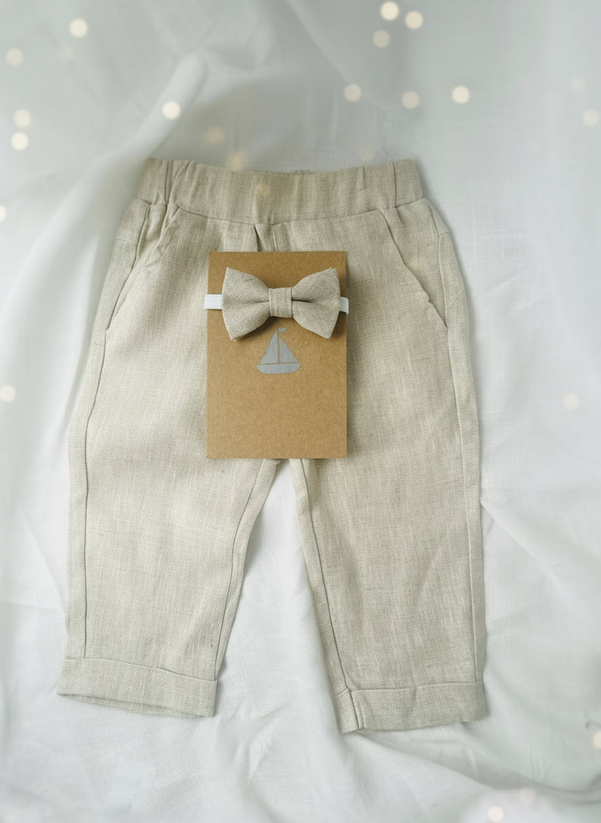 Baby and Toddler Boys beige natural pure linen pants with optional suspenders
