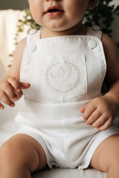 Boys white pure linen overalls suspender shorts with optional shirt and embroidery