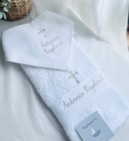 Personalised baptism christening hand towel with embroidery and optional bib