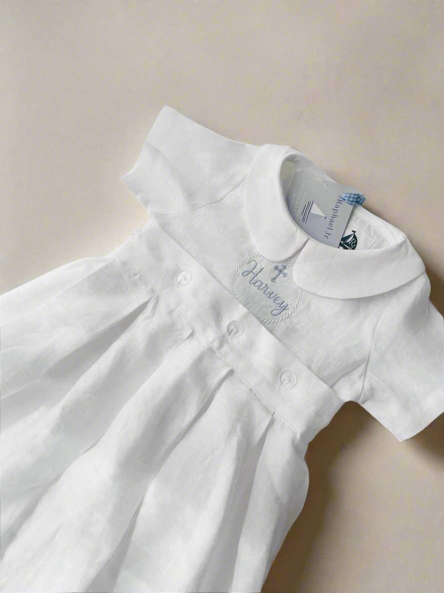 Plain White pure Linen unisex Baptism Gown with detachable skirt dress and optional monogram embroidery