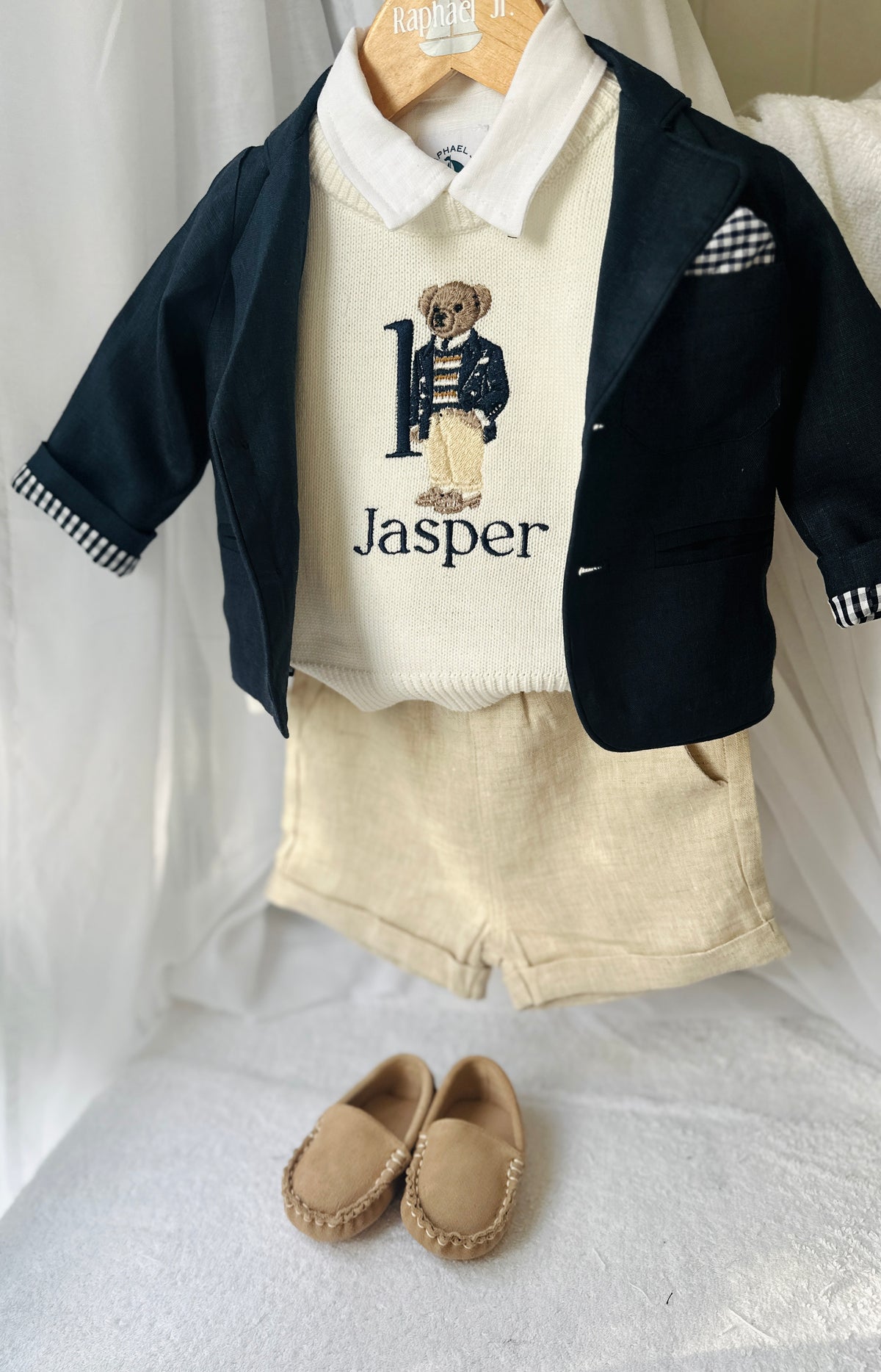 Polo Bear first birthday set with linen shirt, shorts and bear jumper