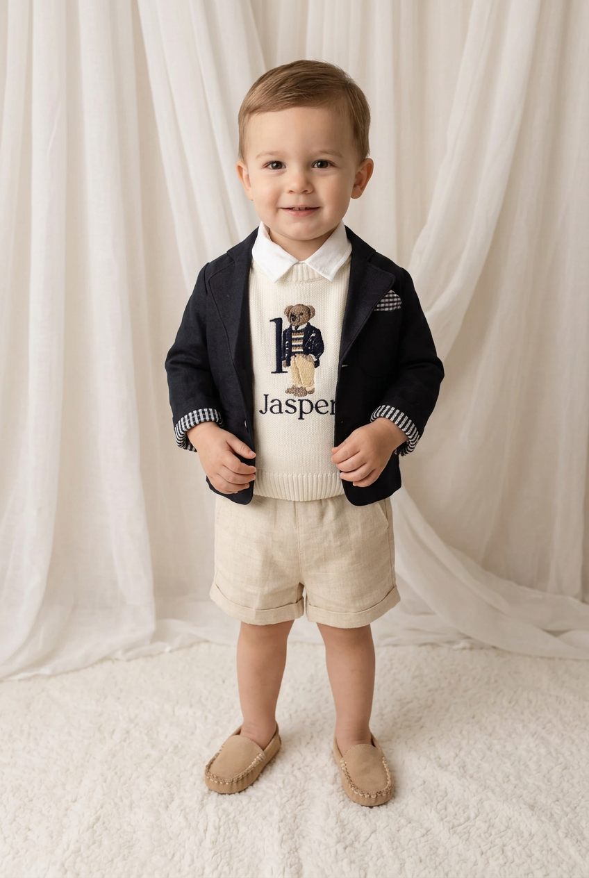 Polo Bear first birthday set with linen shirt, shorts and bear jumper