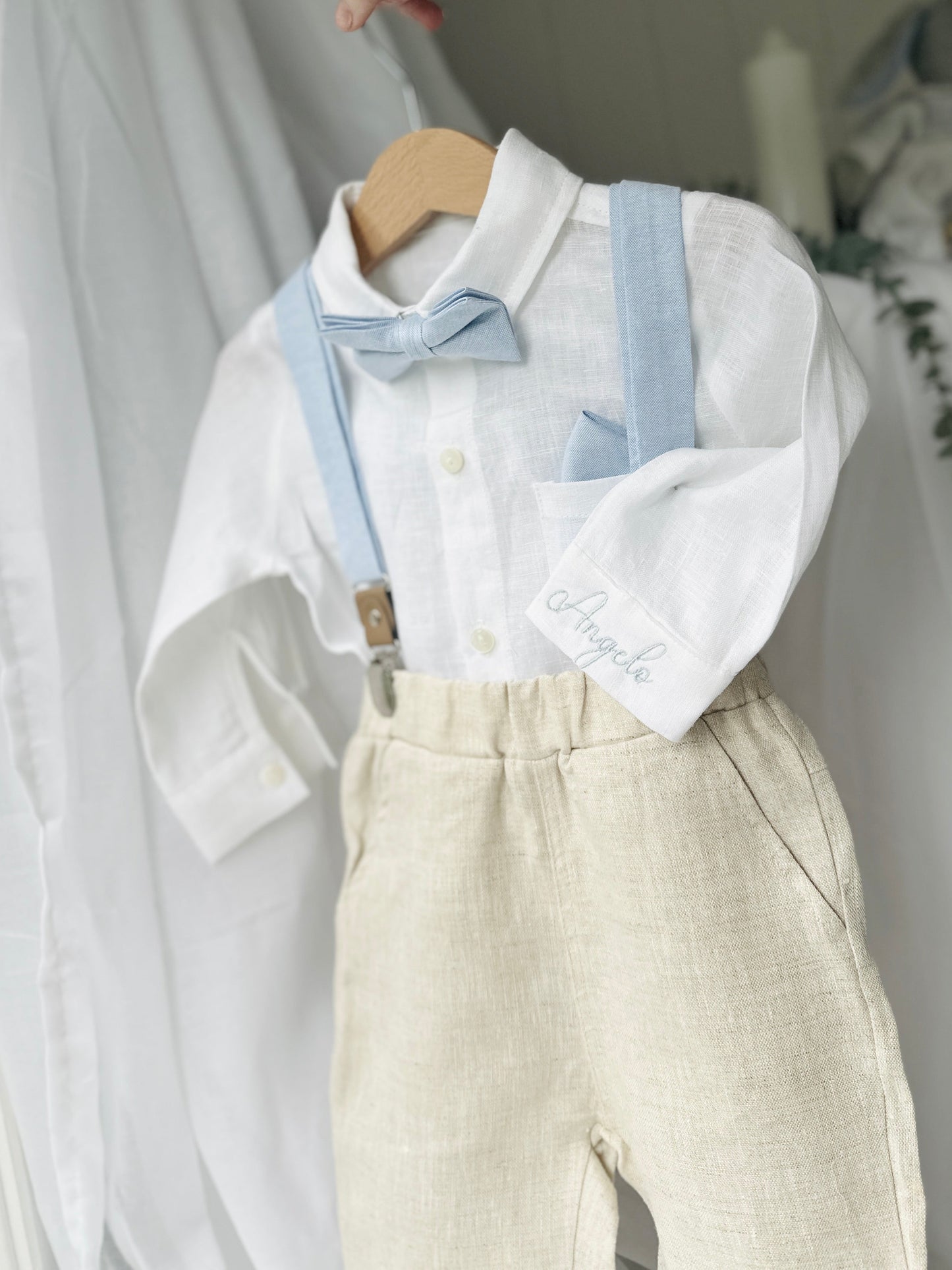 Beige linen pants and shirt set with bowtie and suspenders and optional personalisation