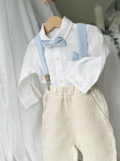 Beige linen pants and shirt set with bowtie and suspenders and optional personalisation