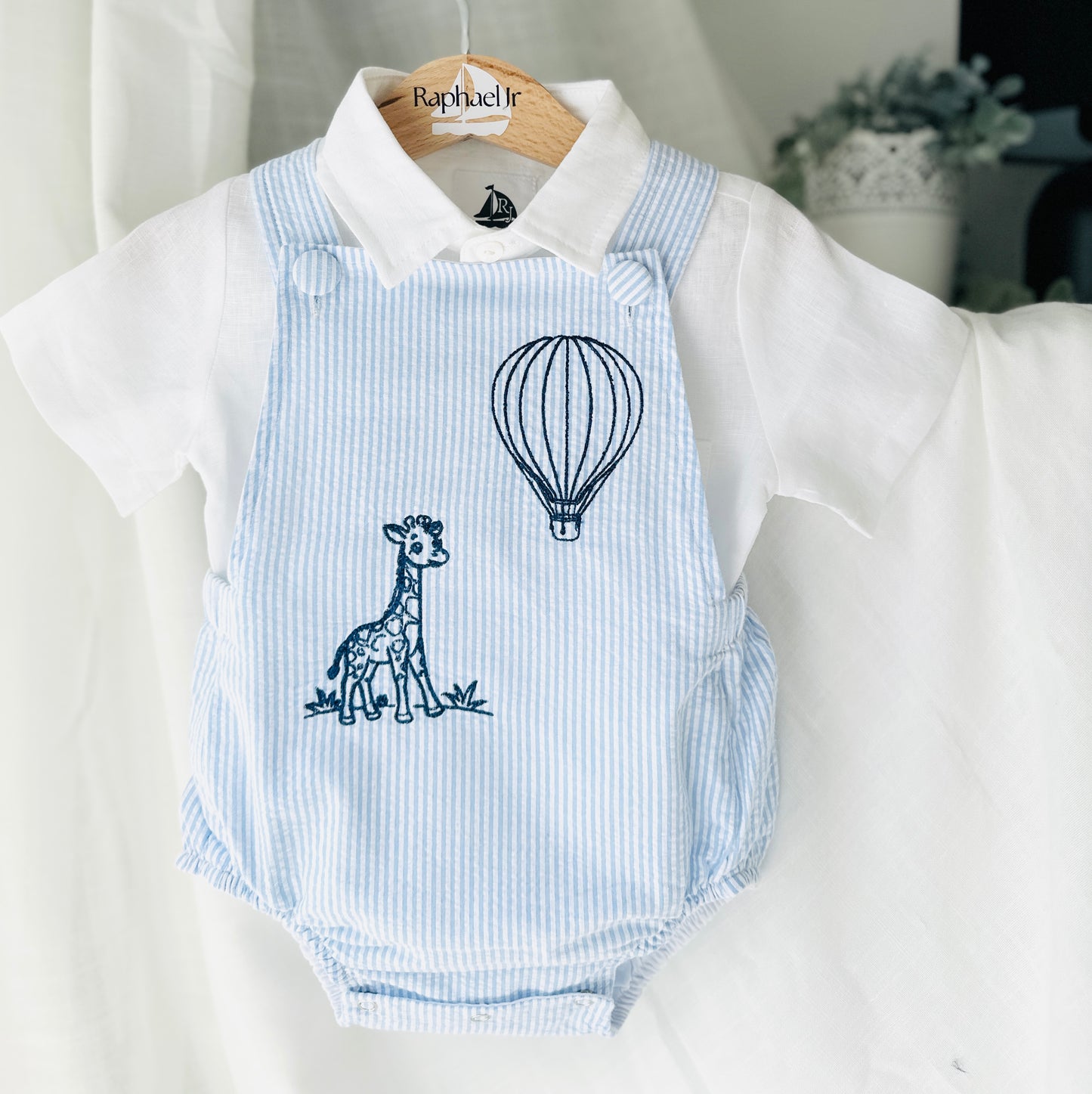 Baby and Toddler boys blue and white linen baptism and birthday romper and shirt set